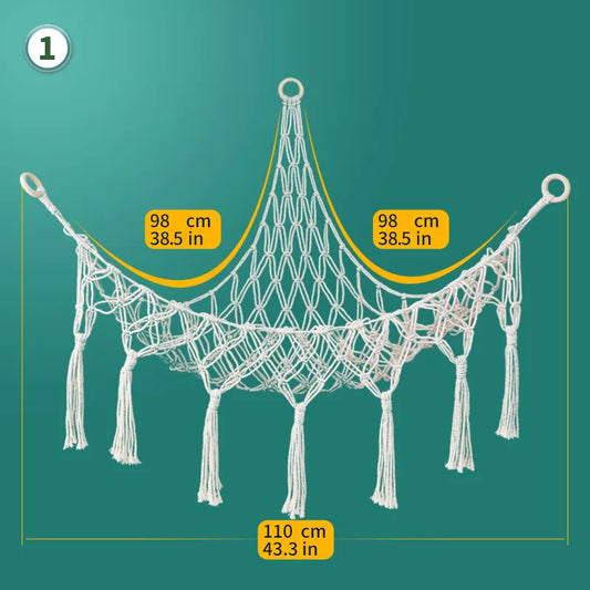 Chic and vibrant cotton rope toy storage net with playful tassels, showcasing exquisite craftsmanship in Nordic design.