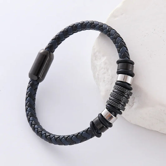 Luxury Hip-Hop double ring leather bracelet for men featuring plated stainless steel accents, perfect for stylish weekend and travel attire.