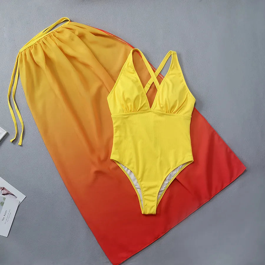 Elegant Women's 2-Piece Swimsuit Set with gradient hues and a stylish skirt, designed for a luxurious beach experience.