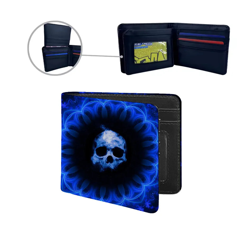 Men's luxury PU leather wallet with skull pattern, epitomizing modern streetwear elegance and functionality.