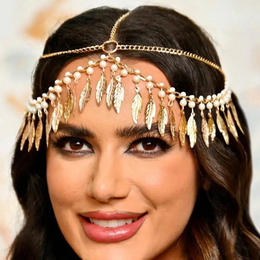 Handmade Fashion Pearl Leaf Shell Tassel Women's Headwear Alloy Leaf Pattern European Style Hair Accessories Popular New Model