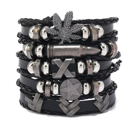 Close-up view of a premium men's punk asymmetrical braid bracelet, showcasing intricate geometric patterns and a fusion of CCB, PU leather, and alloy materials for a sophisticated look.