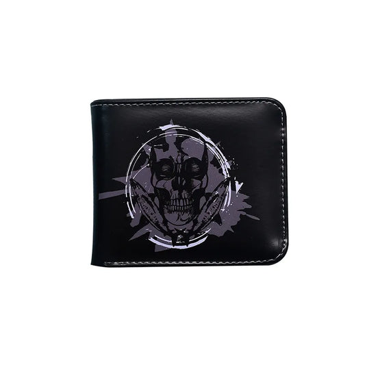 Close-up view of the Men's Retro Skull PVC Open Small Wallet, highlighting its durable construction and practical open closure for effortless accessibility.