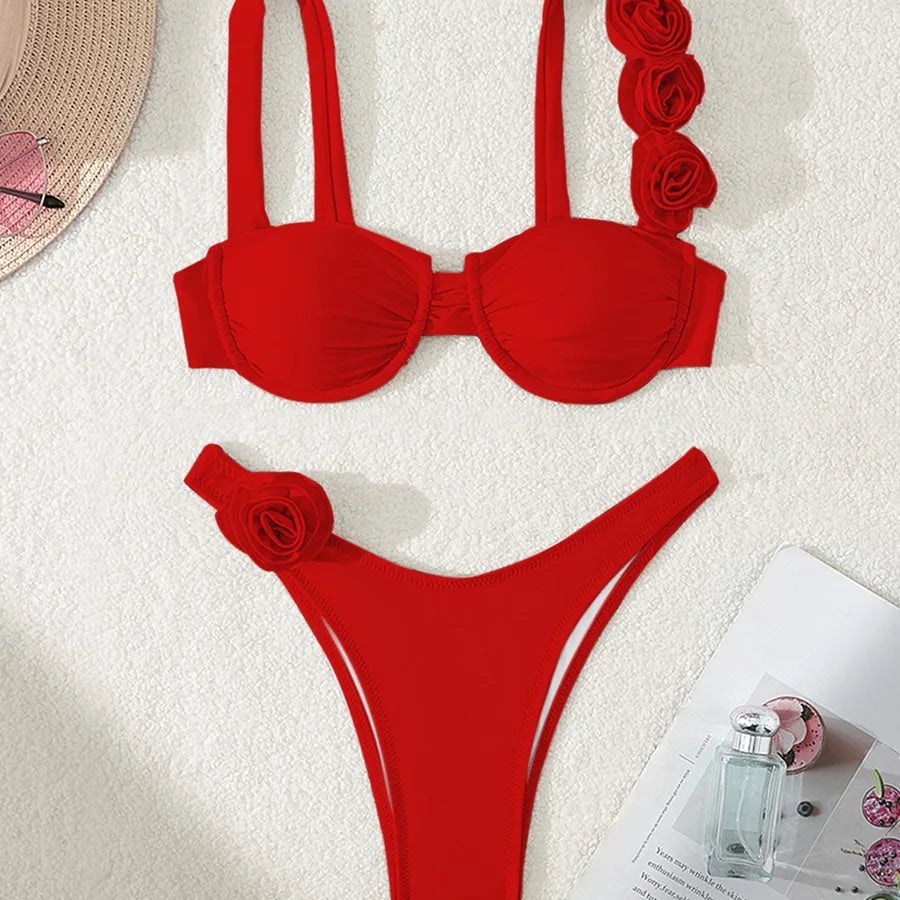 Elegant Women's 2-Piece Solid Colour Flower Bikini Set featuring a sexy bralette and low waist design, perfect for beach and poolside occasions.