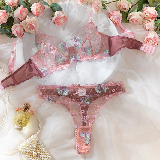 Europe and the United States cross-border lace embroidery women's bra flower embroidery advanced craft steel ring gathered sexy underwear suit