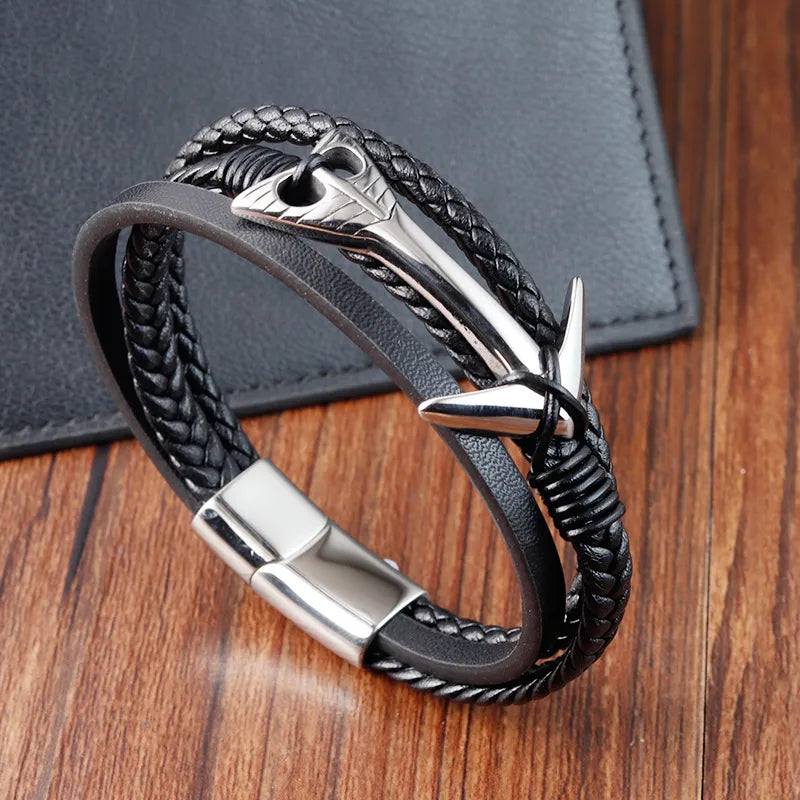 Personalized Retro Multi-Layer Braided Bracelet for Men, made of durable stainless steel and elegant Pu leather, featuring a unique anchor design, perfect for daily wear.
