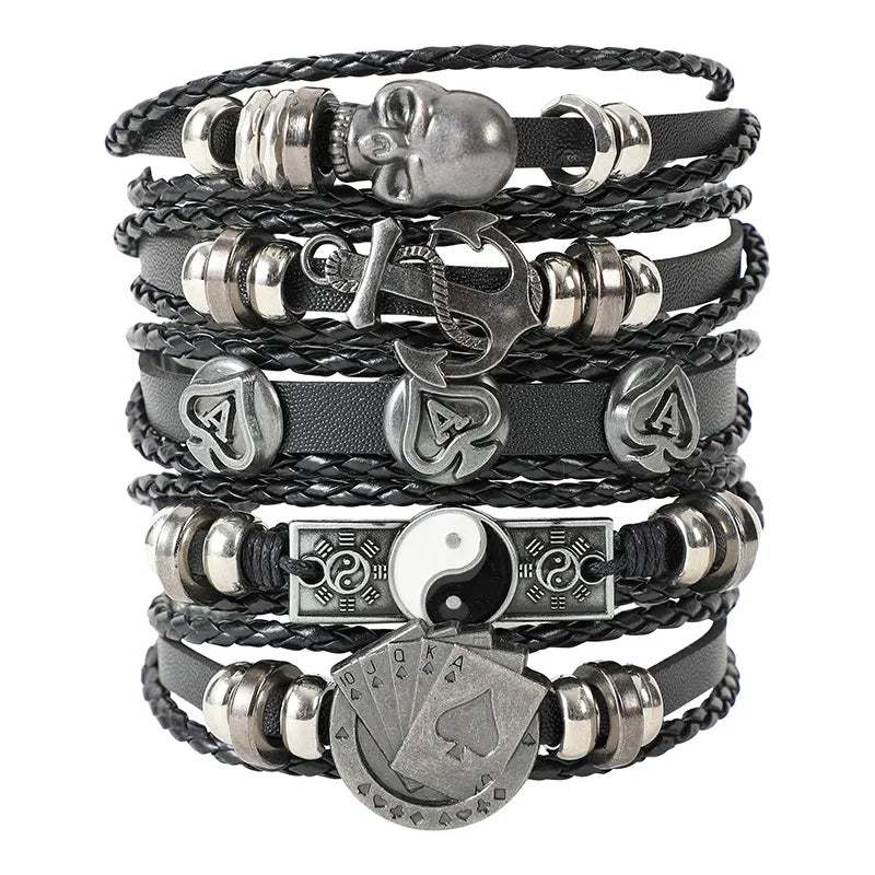 Close-up view of a sophisticated men's gossip skull bracelet showcasing its intricate woven chain detail made from premium PU leather and alloy.