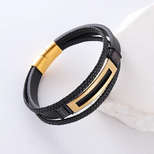 Luxury Hip-Hop men's round leather plating bracelet featuring premium 304 stainless steel accents, perfect for casual and party wear.