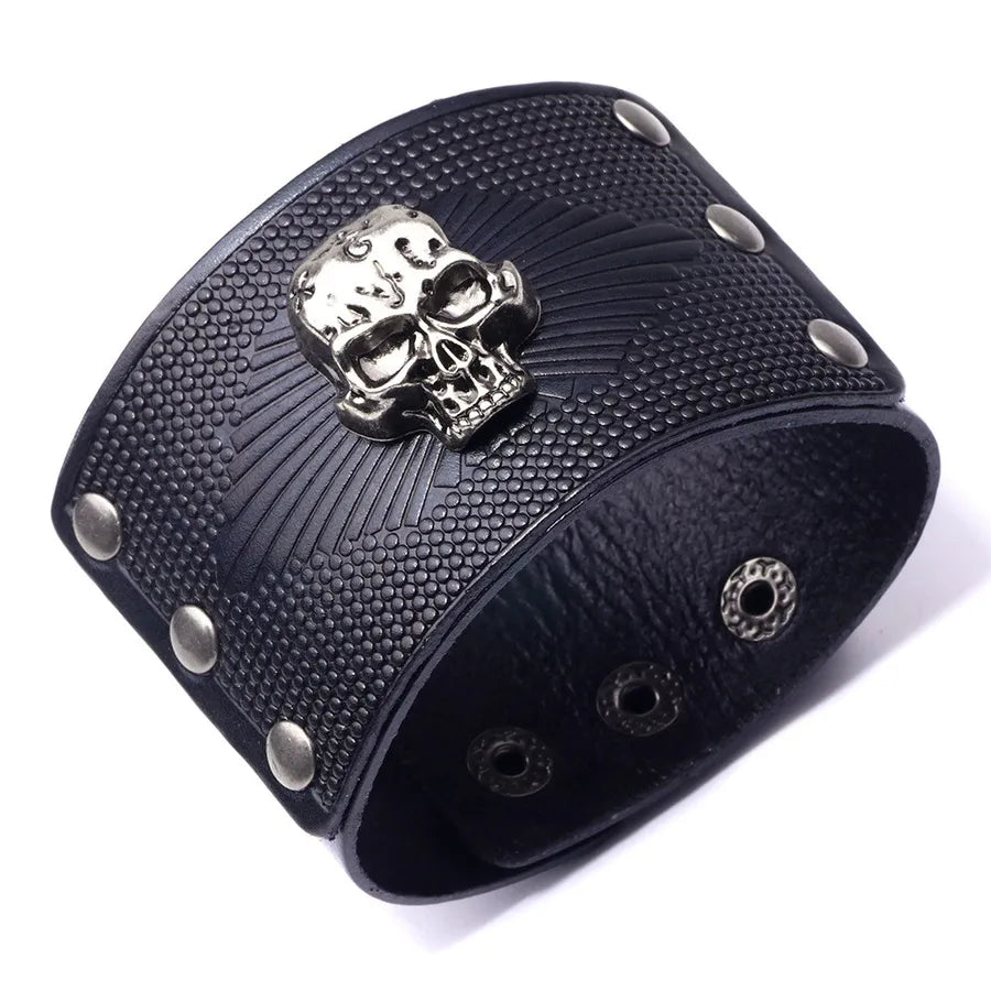 Vintage Style Skull Leather Bangle for Men - Perfect Halloween Accessory in Multiple Colours