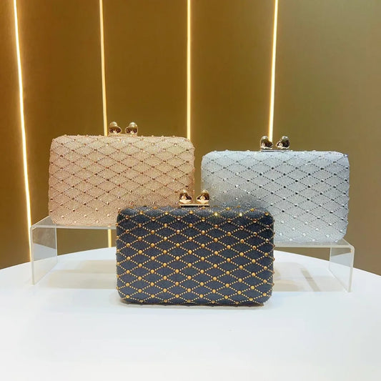 Fashionable Full Diamond Handbag Shoulder Dinner Bag For Women Square Polyester Bag With Chain Elegant Lady Clutch Purse