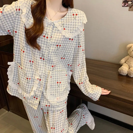 Sweet Cherry Cloud Cotton Long Sleeve Spring Home Clothes Set For Girls Comfortable Breathable Sleepwear Casual Style