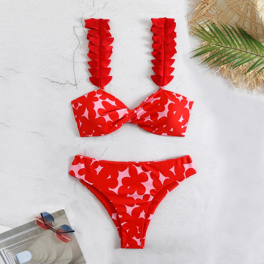 Close-up view of the luxury ditsy floral bralette from a women's bikini set, showcasing its sexy design and high-quality polyester fabric.