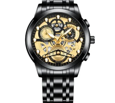 Luxurious men's round quartz watch featuring a stainless steel strap and double-side snaps for elegance and durability.