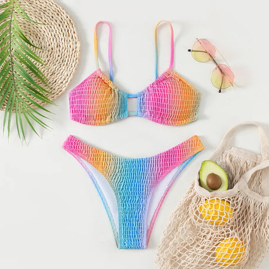 Elegant two-piece bikini set with vibrant gradient colour, ideal for summer swimming and beach relaxation.