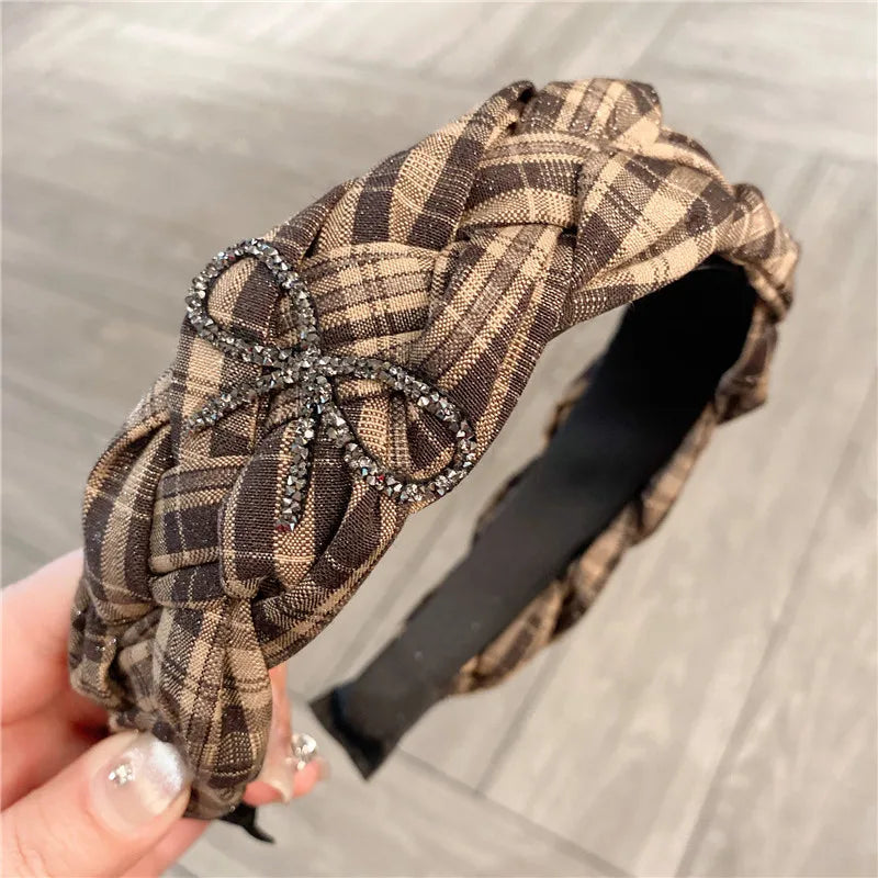 Comfortable Women's Hairband Twist Braid Design Vintage Style Black White Checkered With Water Diamond Butterfly Knot Top Accessory