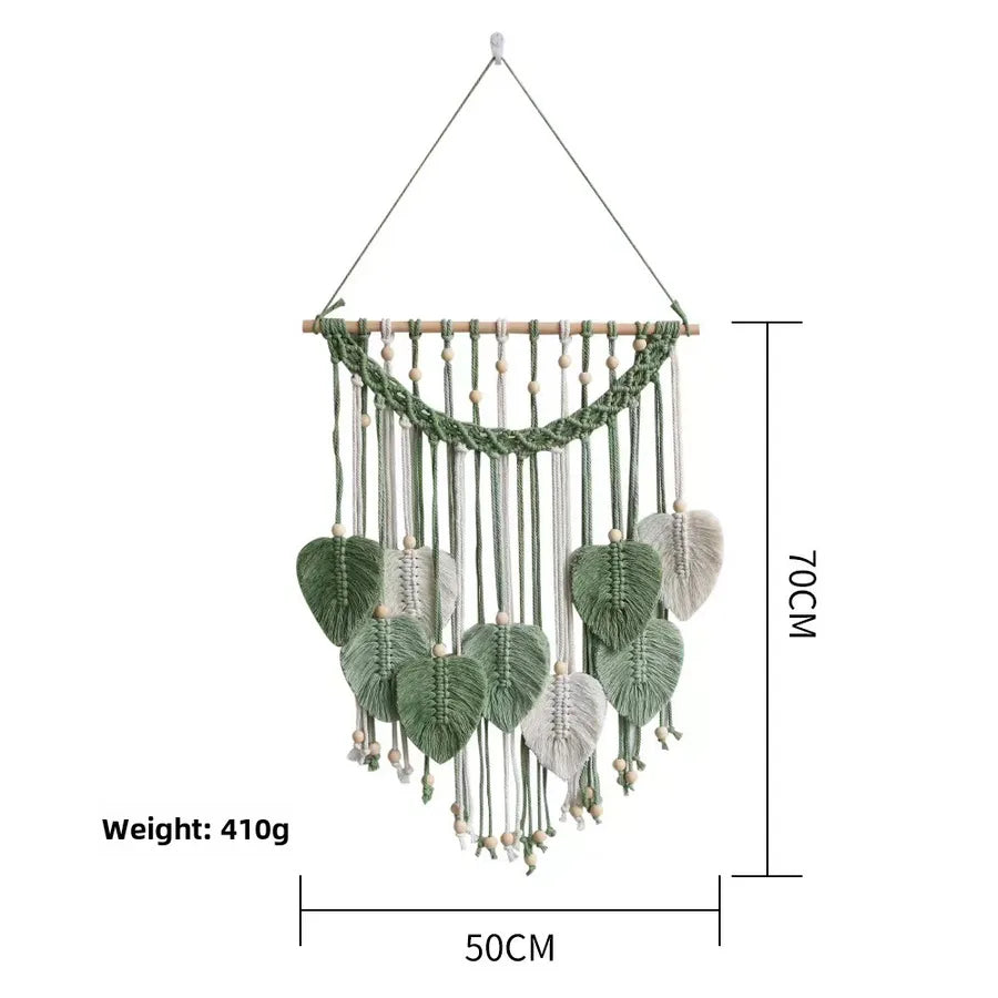 Elegant Nordic Bohemian hand-woven cotton tapestry featuring intricate tassels and feather leaf designs, perfect as a luxurious wall hanging decoration.