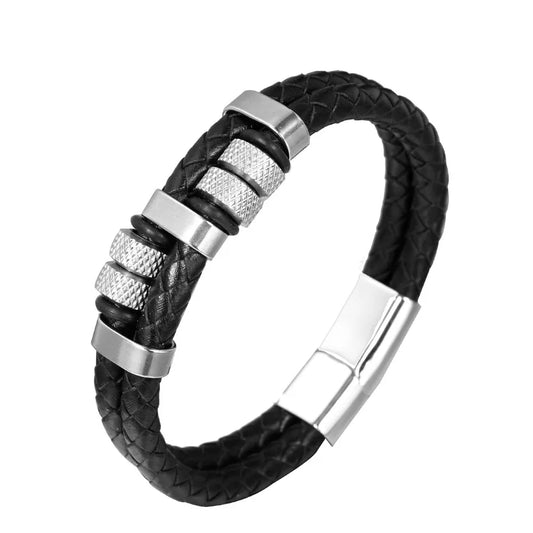 Elegant handmade men's bangle crafted from solid PU leather, featuring exquisite 304 stainless steel detailing, perfect for adding a touch of luxurious style to daily outfits.