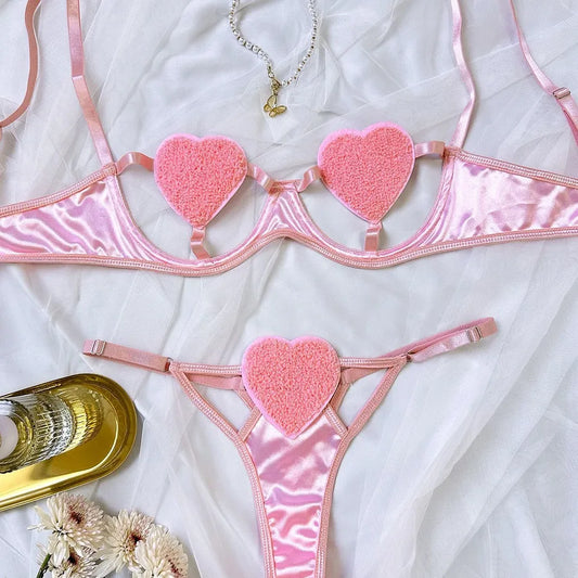 Elegantly crafted heart-shaped lingerie set for women, showcasing a sexy bra and low-waist thong, perfect for romantic occasions.