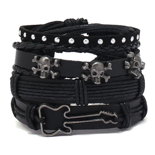 Retro Punk Geometric Skull Pu Leather Alloy Braid Halloween Men's Bracelets Drawstring Bracelets