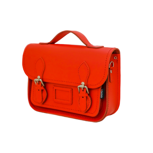 Luxurious Handmade Leather Midi Satchel in vibrant Pillar Box Red, showcasing exquisite craftsmanship, adjustable strap, and elegant design.