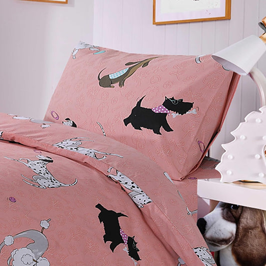 Elegant Pups Pink Duvet Cover Set with matching curtains, showcasing a charming dog pattern, perfect for adding a touch of playful sophistication to any bedroom.