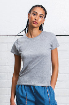 Elegant image of a luxury women's t-shirt in organic cotton, featuring a narrow neck rib design and twin needle hem for a polished look.