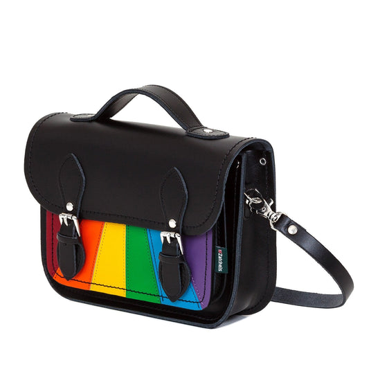 Close-up image of Handmade Leather Midi Satchel with Rainbow Pride Design, highlighting premium quality leather and expert craftsmanship, a stylish accessory for celebrating LGBTQ+ pride.