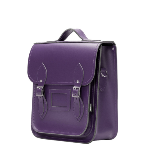 Handmade purple leather city backpack by Zatchels, showcasing premium Scottish leather and exquisite craftsmanship, perfect for tablets and laptops.