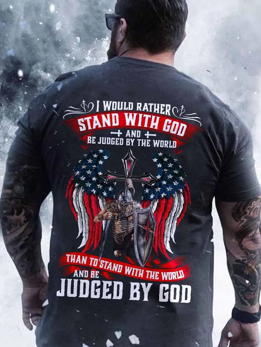 Men's Religion 'Stand With God' Tee showcasing a powerful visual of a warrior and American flag details. An elegant choice for those who wish to showcase their belief elegantly.
