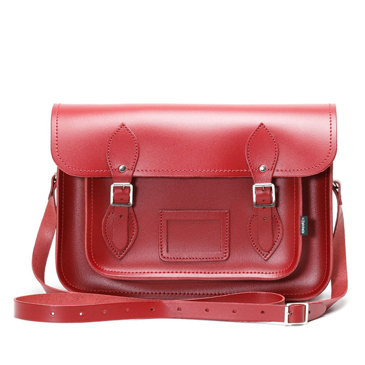 Luxurious Handmade Red Leather Satchel, featuring premium craftsmanship and striking design, ideal for storing laptops and tablets.