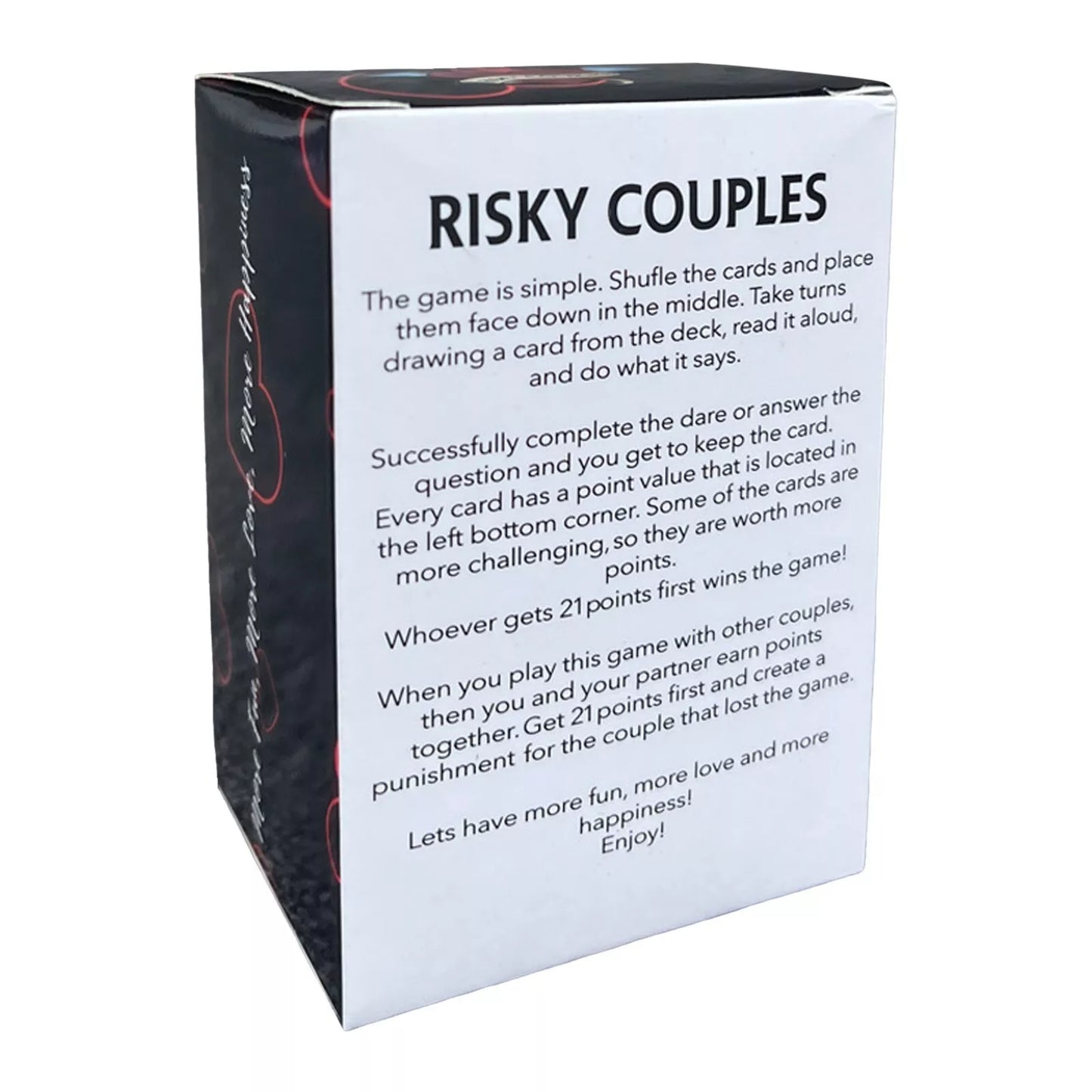Detailed view of the Risky Couples Card Game box, explaining gameplay and rewards, ideal for couples looking to deepen their connection in a fun and engaging way.