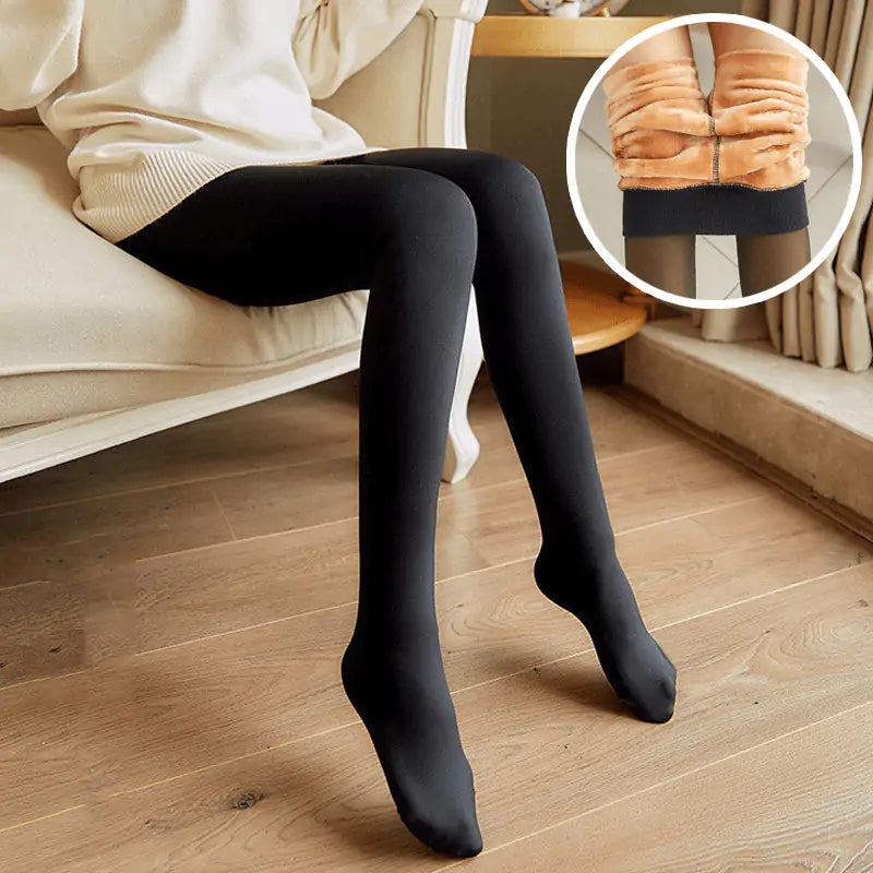 Luxurious Women's Fleece Lined Tights styled effortlessly by a model in a cozy setting, illustrating the ideal combination of warmth, style, and durability.
