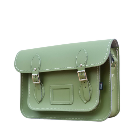 Elegant Sage Green Leather Satchel highlighting refined silver nickel buckles and a versatile design, ideal as a stylish laptop bag for professionals.