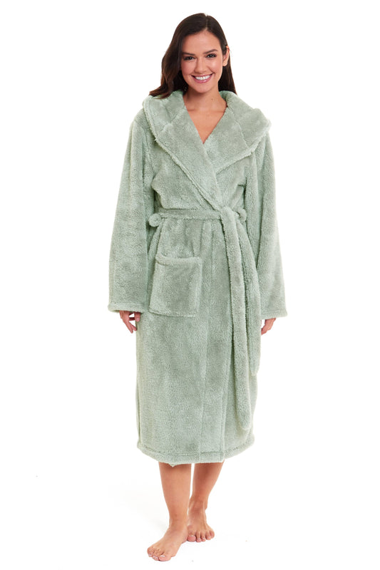 Women's Sage Green Hooded Snuggle Fleece Robe - Luxurious Soft Loungewear, UK Sizes 8-22