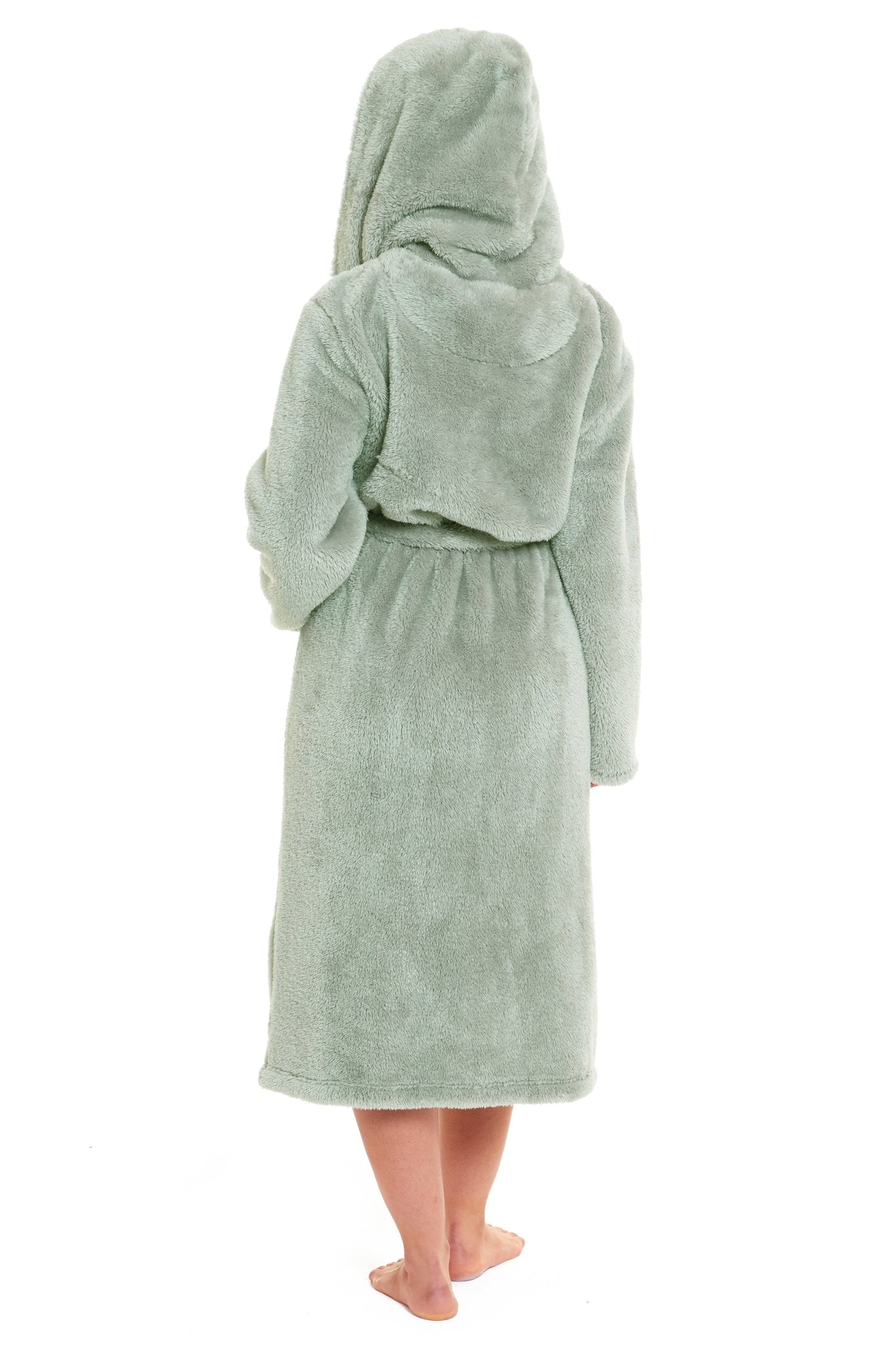 Luxurious women's sage green hooded snuggle fleece robe showcasing its super-soft fleece material, extra-long length, and elegant design, perfect for ultimate comfort and relaxation.