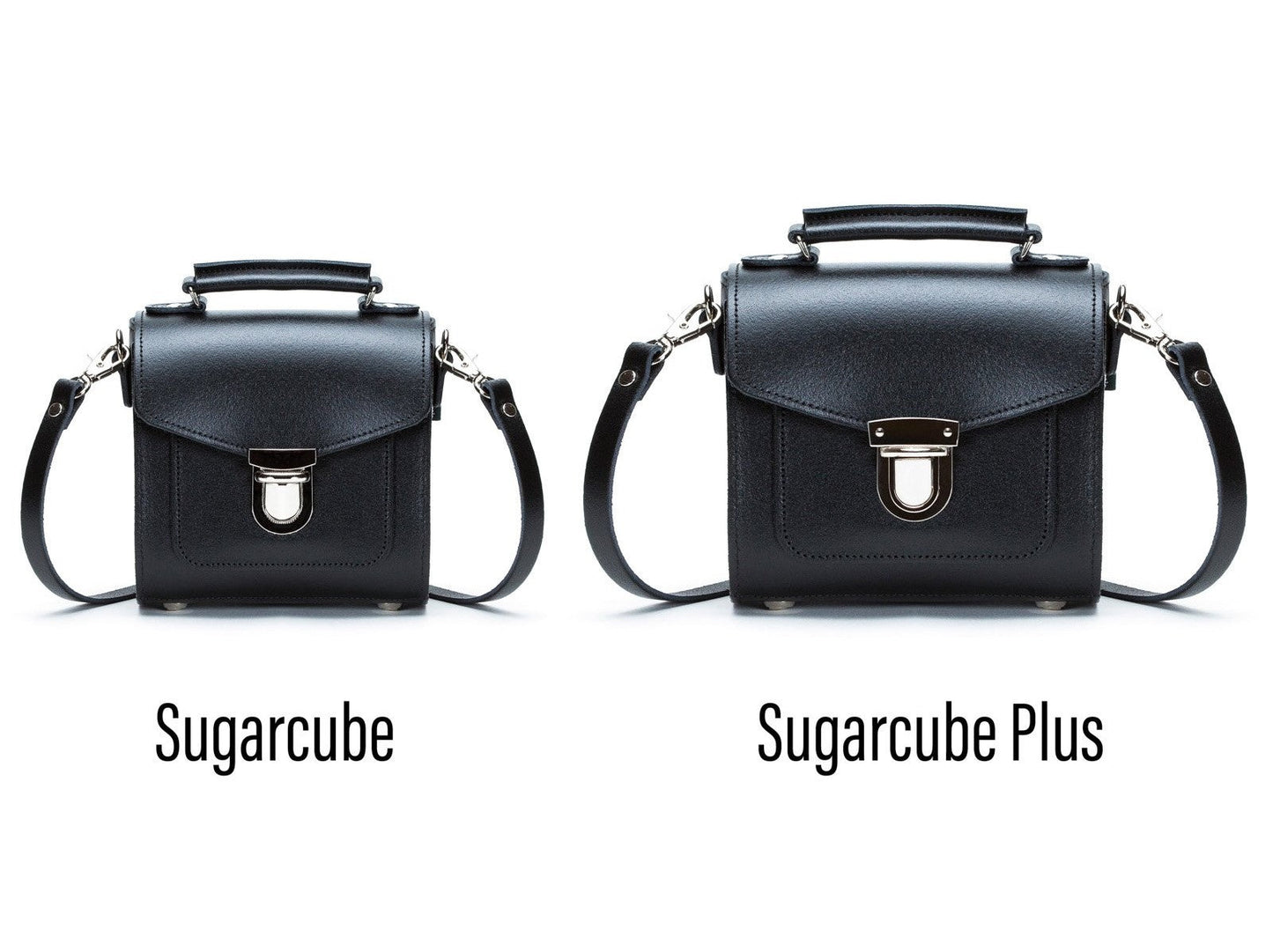 Luxurious Handmade Black Leather Sugarcube Handbag showcasing elegant design with adjustable strap, available in three sizes - perfect for elevating any outfit.