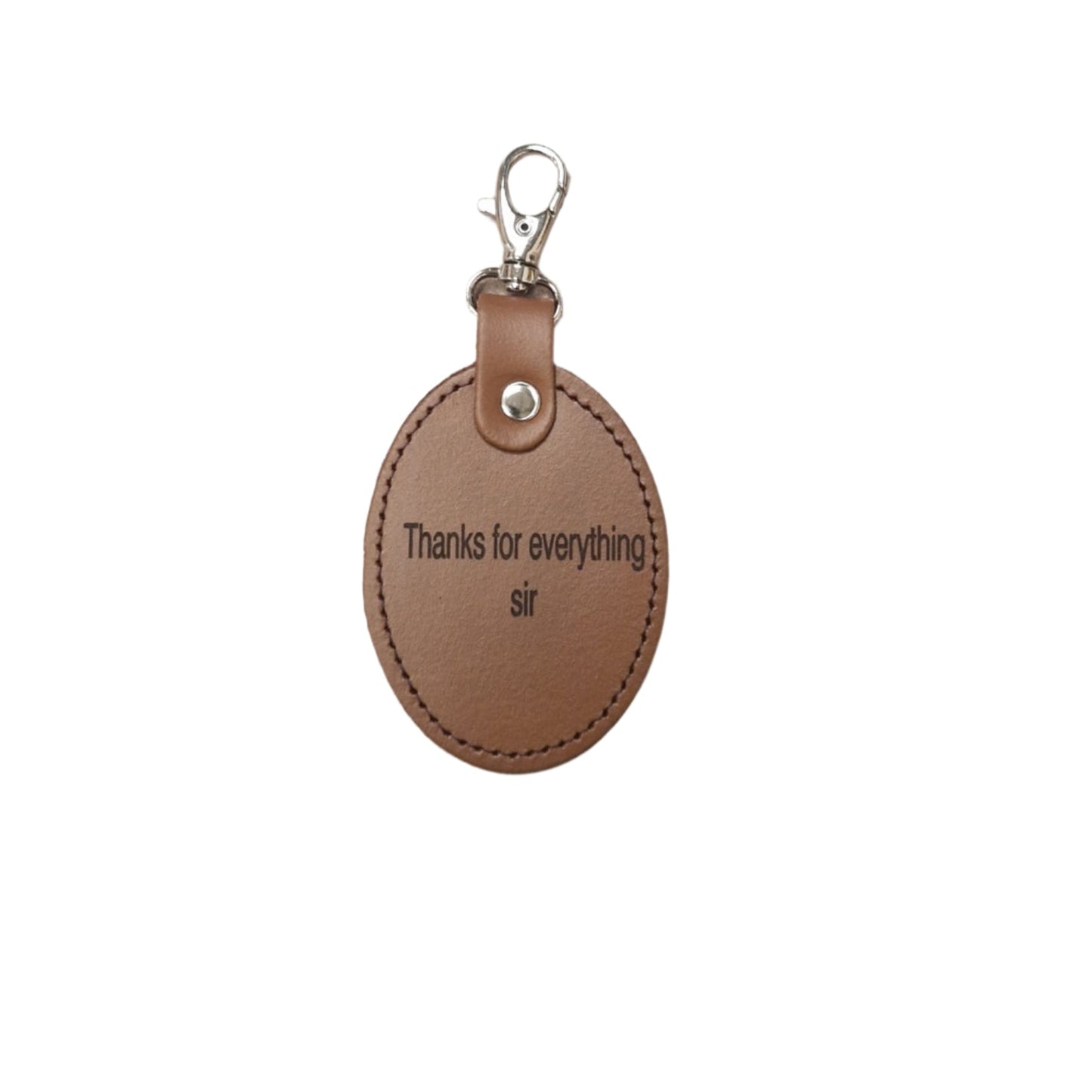 Elegant oval leather bag charm, perfect for teacher appreciation gifts, featuring high-quality leather and custom engraving service.