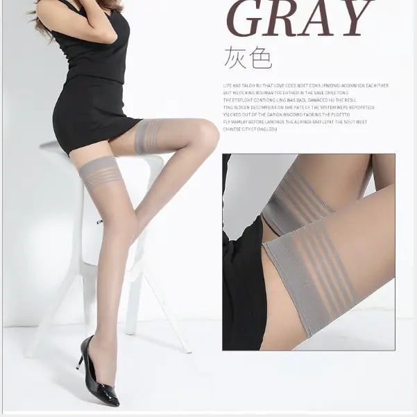 Contemporary Women's Sexy Thigh High Lace Stockings shown with stylish grey detailing, enhancing full leg visibility while paired with chic footwear, perfect for luxurious attire.
