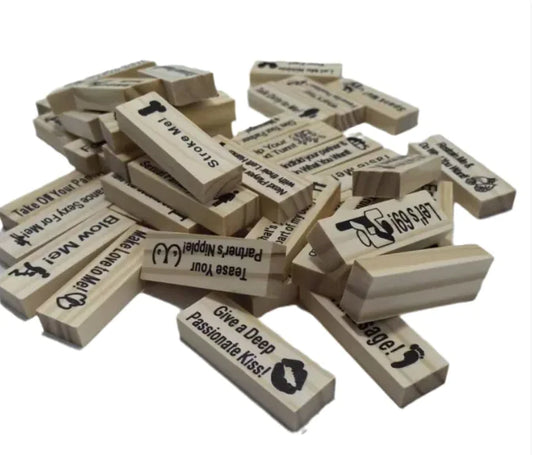 Stylish wooden Jenga game blocks featuring playful challenges for couples, designed for intimate and fun evenings together.