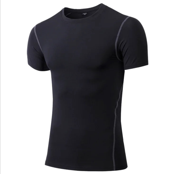 Chic black athletic compression t-shirt, tailored for style and functionality, ideal for enhancing your athletic wardrobe.