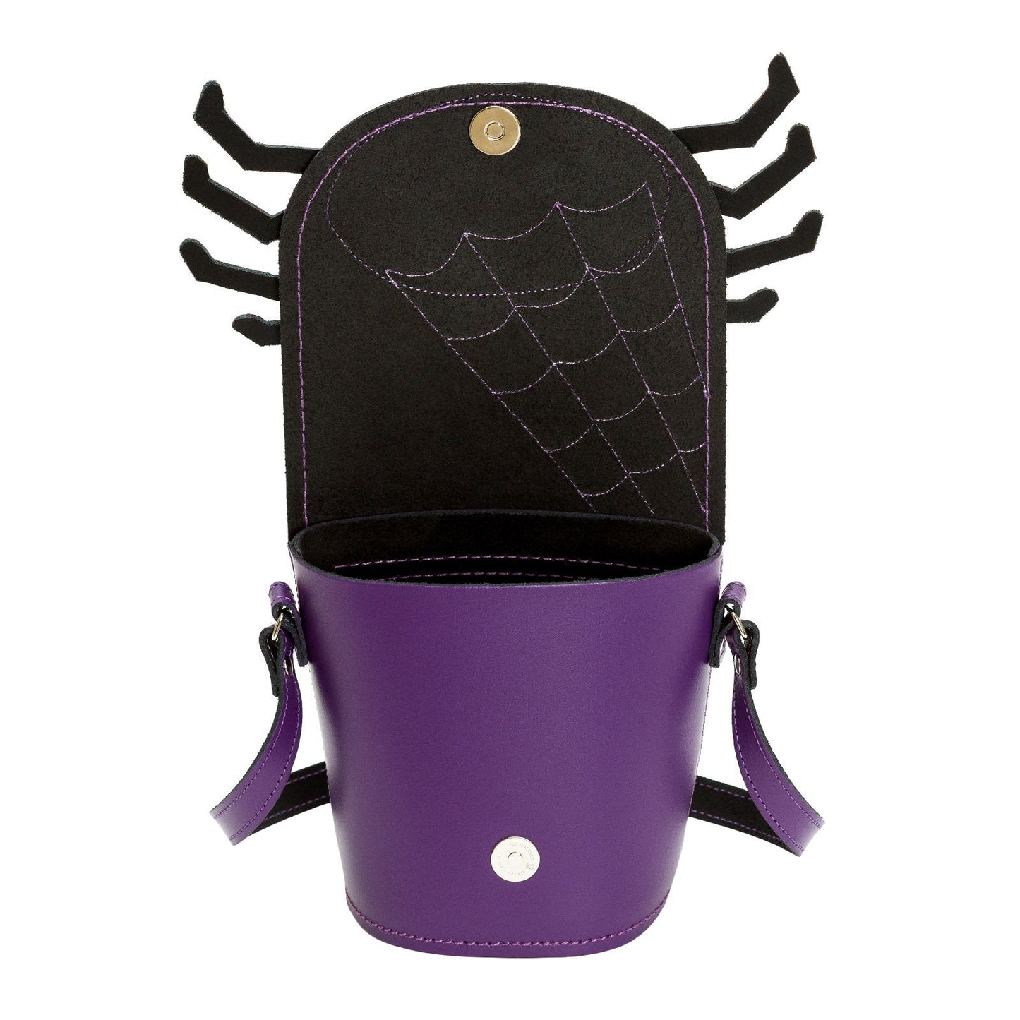 Luxury Webster Spider Handmade Leather Barrel Bag featuring a unique appliquéd spider design, showcasing premium craftsmanship and adjustable strap for stylish versatility.