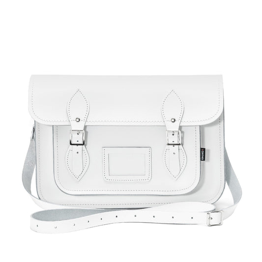 Personalised Options for Zatchels Luxury Handmade White Leather Satchel, featuring adjustable strap and sophisticated silver nickel buckles for added elegance.