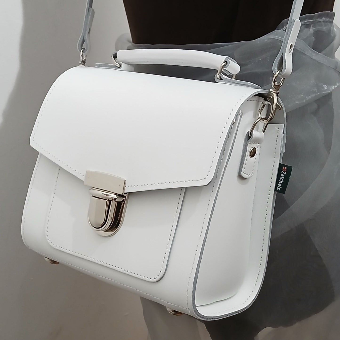 Handmade White Leather Sugarcube Handbag - Adjustable, Detachable Strap, Sizes Small to Grande