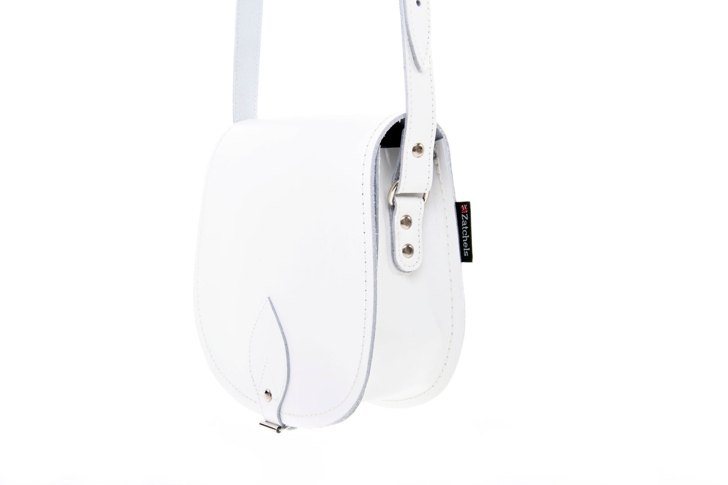 Handmade White Leather Saddle Bag featuring adjustable crossbody straps, crafted from premium leather with a classic design, perfect for elegant outings and customisable for a personal touch.