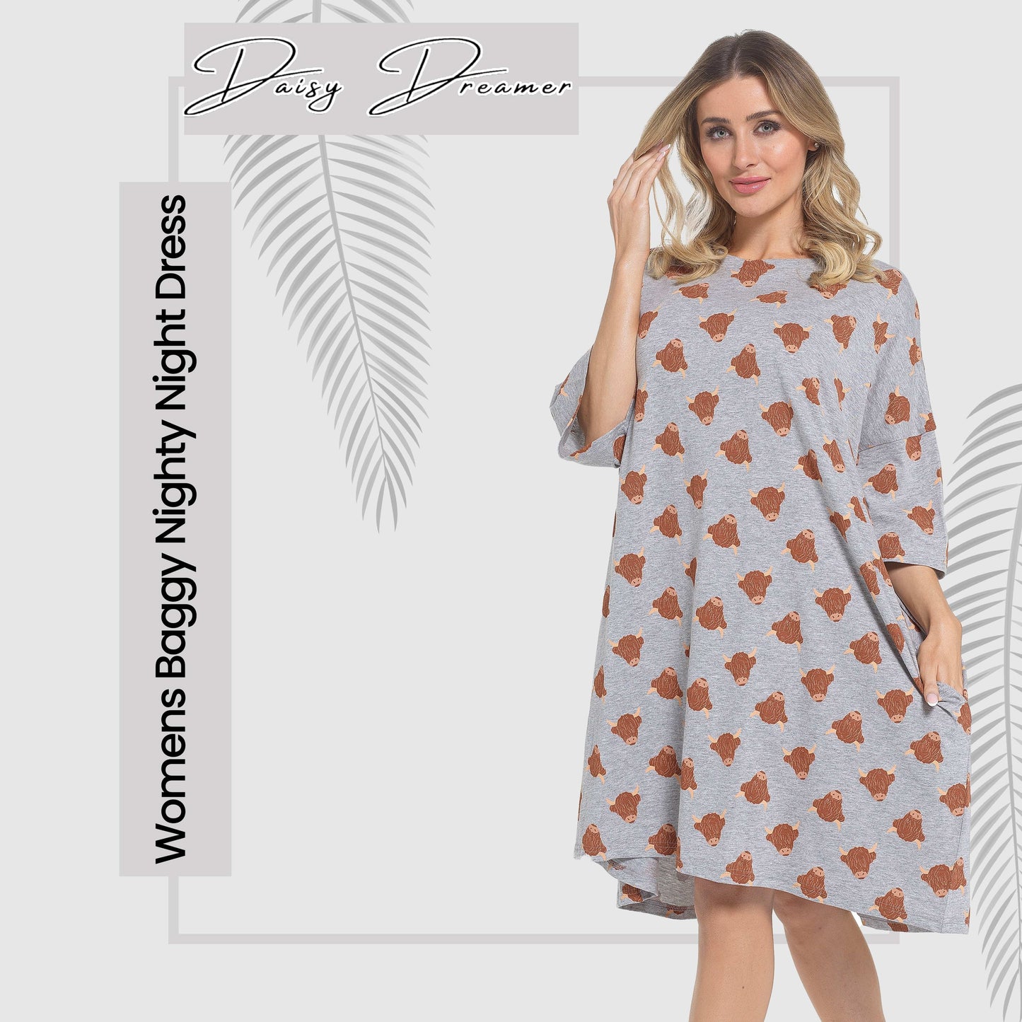 Charming Highland Cow Cream Nightdress displayed on a serene backdrop, embodying luxury and whimsical style, ideal for stylish bedtime wear.