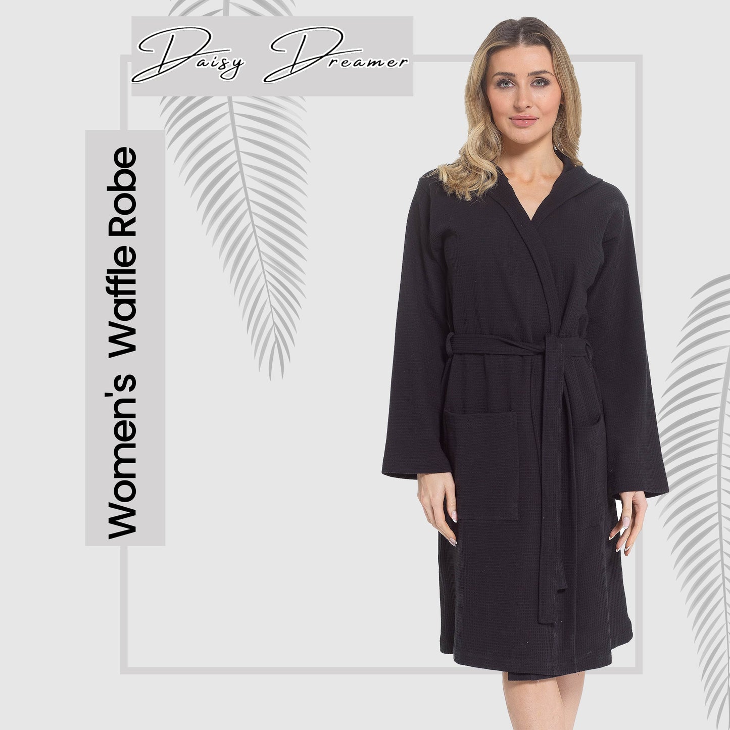 Flat lay of the stylish Women's Hooded Bathrobe by Daisy Dreamer, featuring absorbent cotton fabric and an elegant hood for enhanced comfort.
