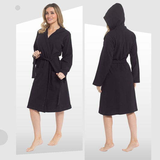Luxury Women's Hooded Waffle Cotton Bathrobe Black, Absorbent Spa Dressing Gown in Sizes S-XL
