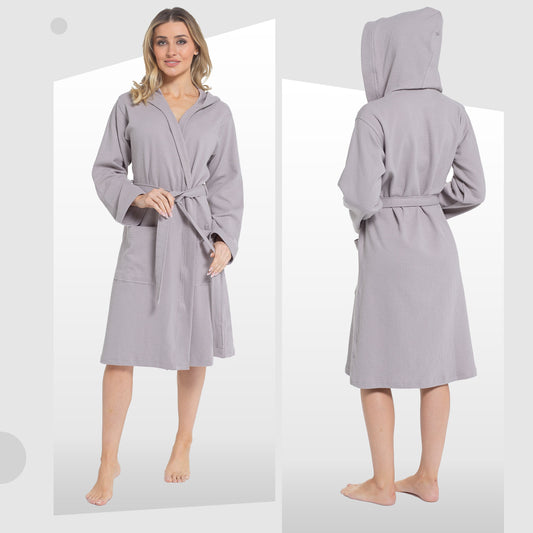 Elegant Women's Hooded Cotton Bathrobe by Daisy Dreamer in Grey, featuring a soft texture and versatile use for home, travel, or spa days.