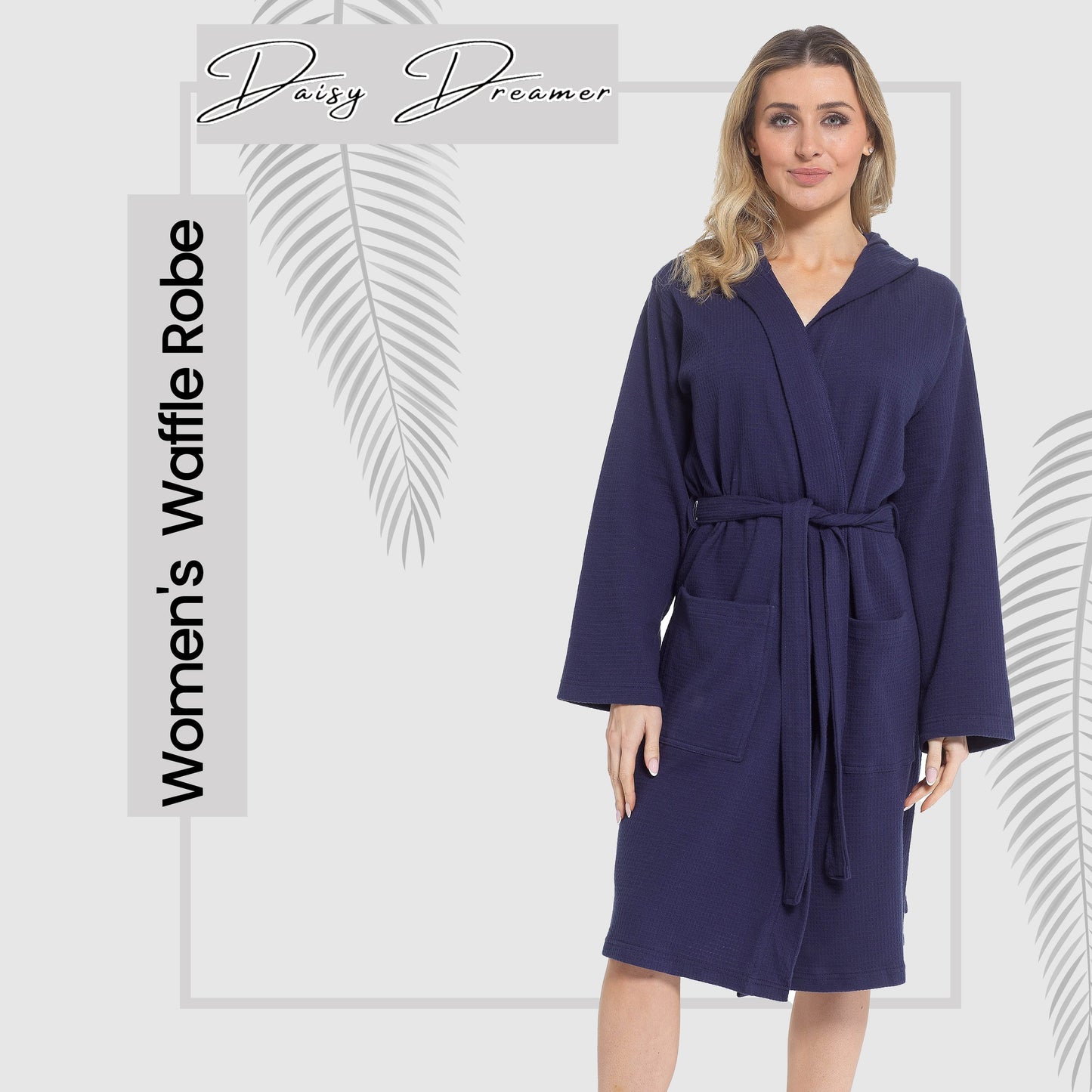 Versatile navy cotton bathrobe displayed in a chic setting, ideal for spa visits and lounging, offering elegance and functionality.