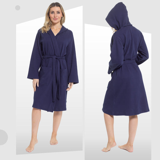 Luxury Women's Hooded Waffle Cotton Bathrobe - Navy, Soft & Absorbent with Spa & Travel Versatility